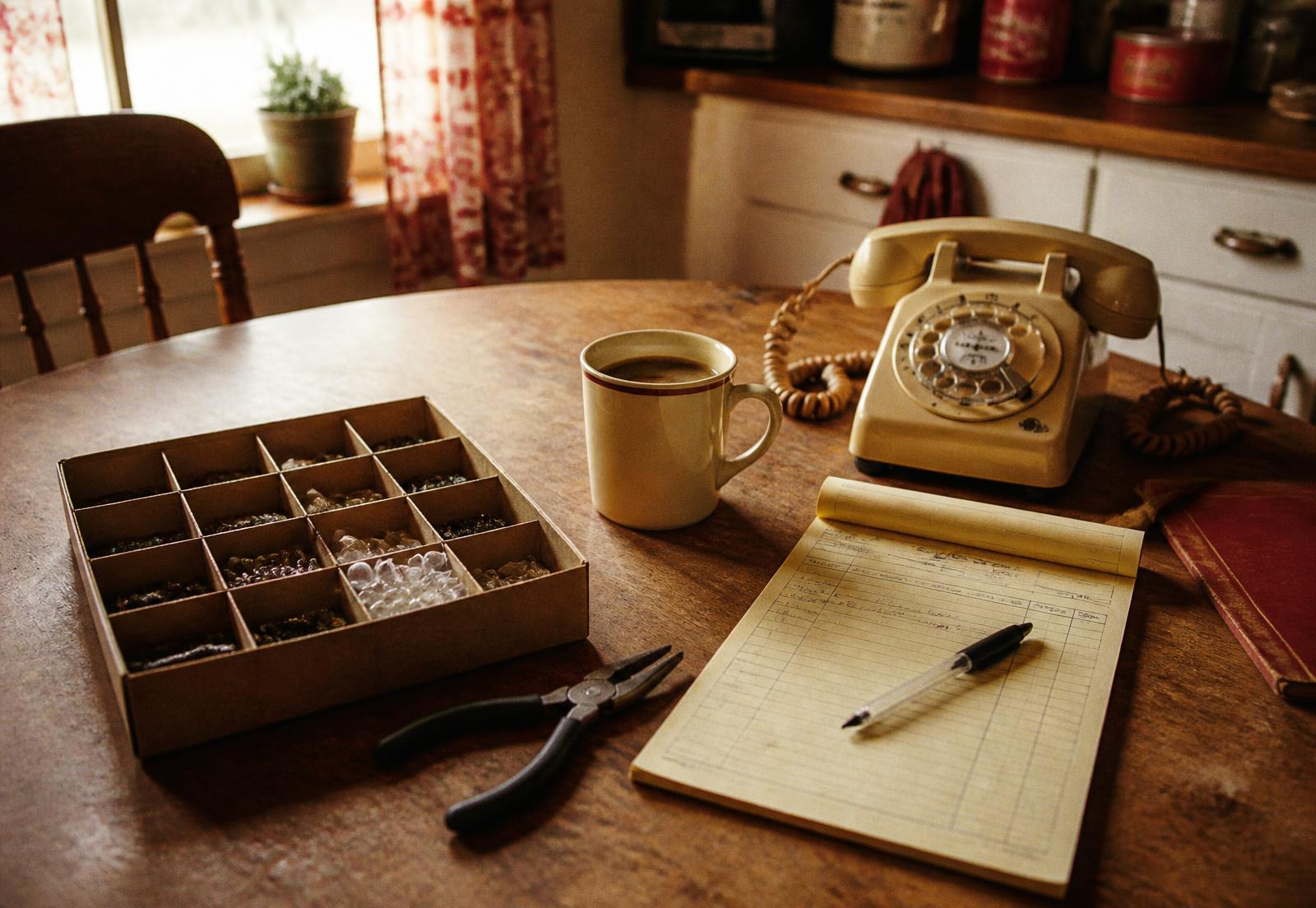 A 1990s kitchen table with optical tools, a box of small parts, and a handwritten order pad